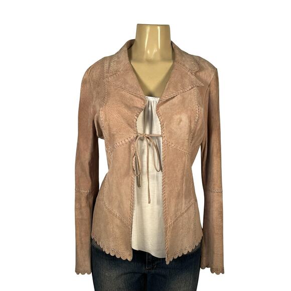 Bebe Jacket Womens Small Pink Genuine Leather Scallop Boho Y2K Tie Front 90s - Picture 1 of 16